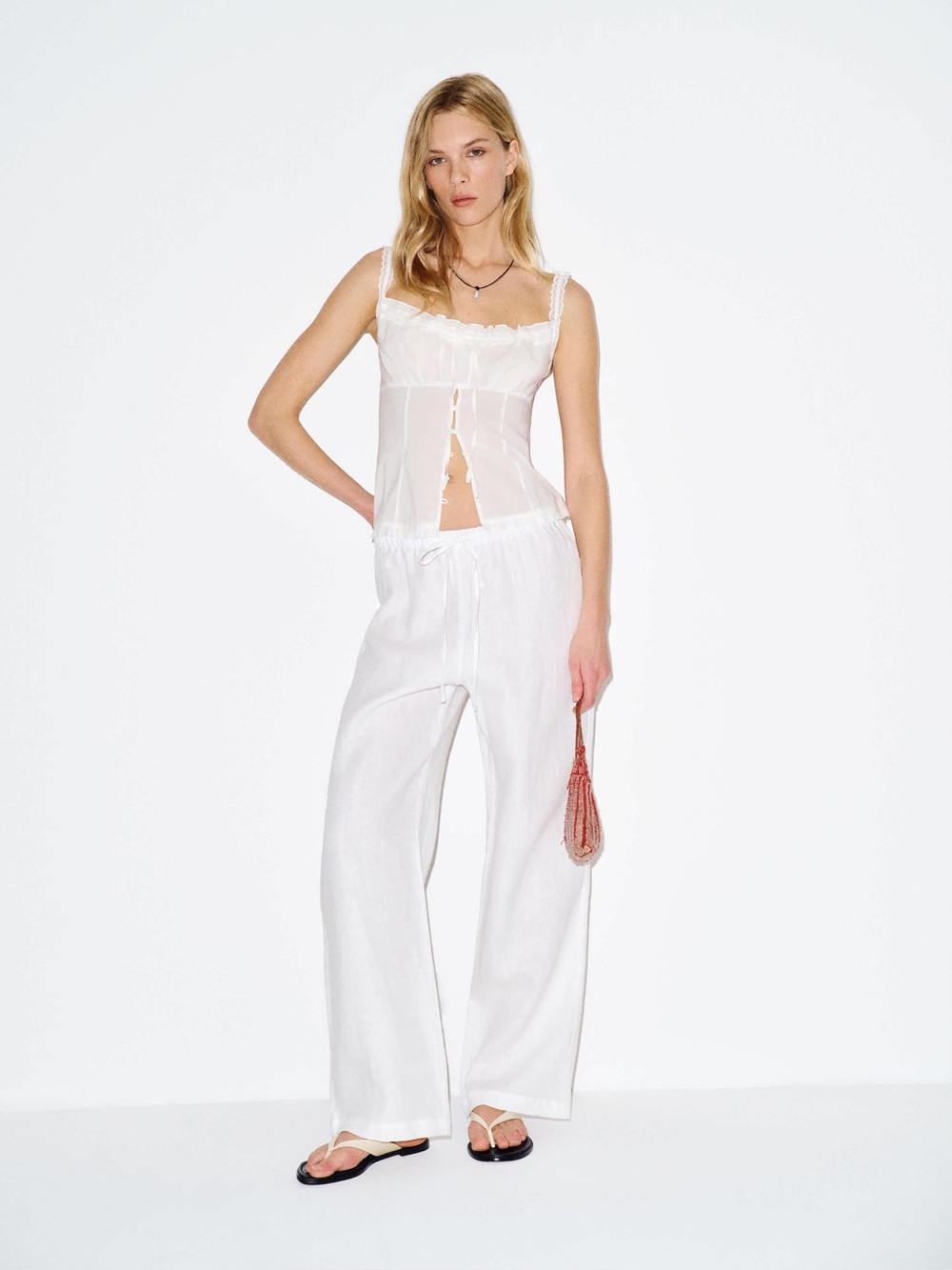 Reformation White Linen Wide-Leg Drawstring Pants